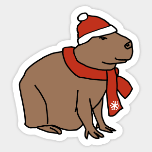 Winter Capybara Wearing Red Hat and Scarf Sticker